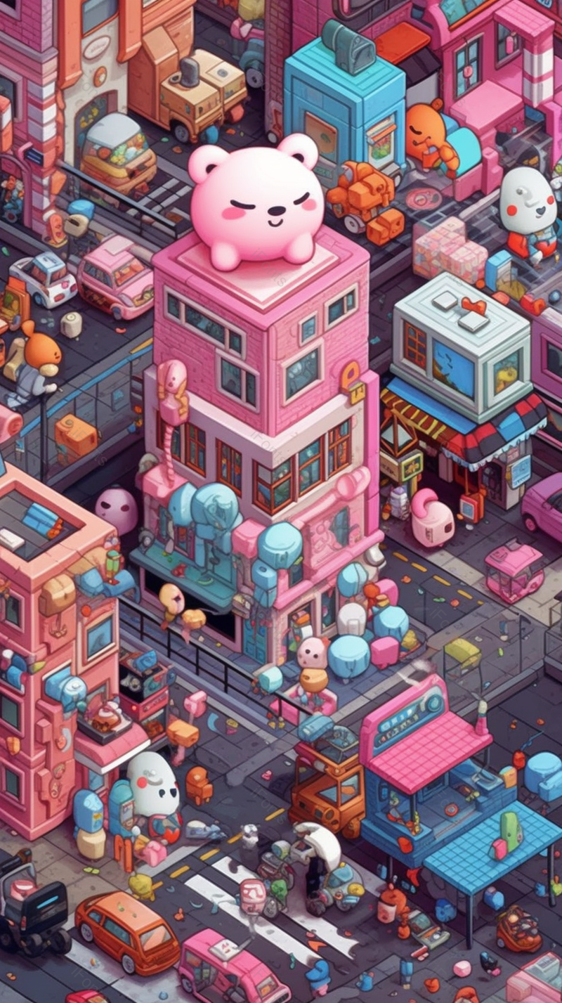 小镇集市热闹玩具小熊楼房房屋城市六一儿童节背景粉色插画,插画/手绘图,插画/手绘图库,插画/手绘图下载,插画/手绘